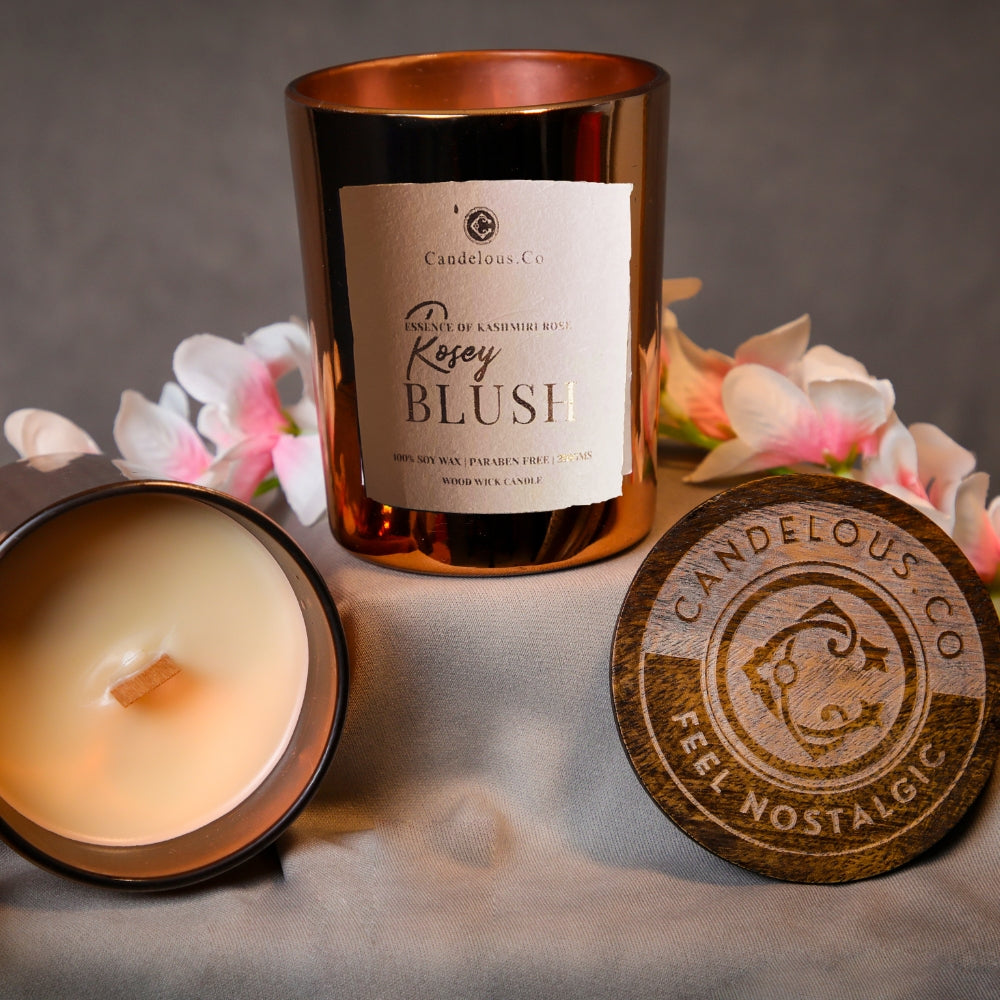 Rosey Blush Candle: Luxurious soy wax candle - scent of Kashmiri rose.