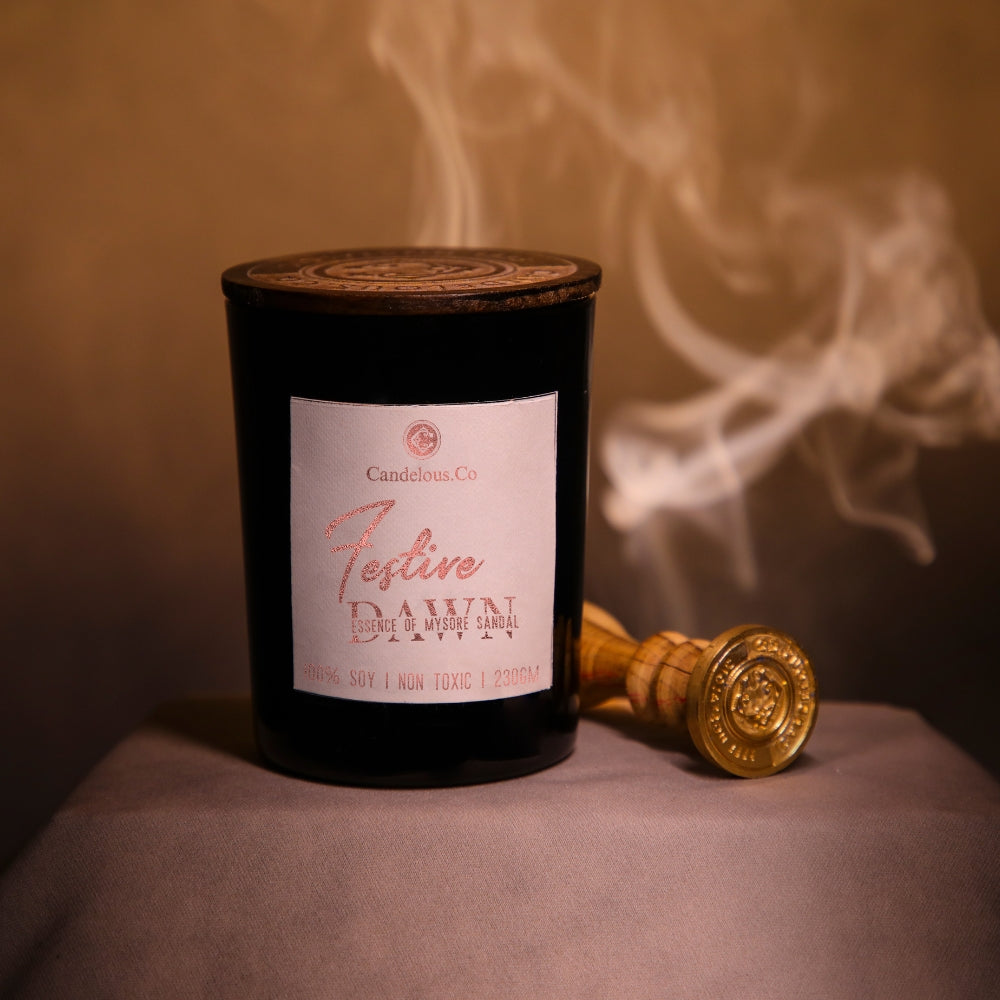 Soy Wax Scented Wood Wick Candle |  FESTIVE DAWN | |  woody essence of Mysore sandal